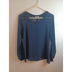 Pleione Longsleeve Blouse Womens Small Navy Blue Sheer Chiffon Round Neck